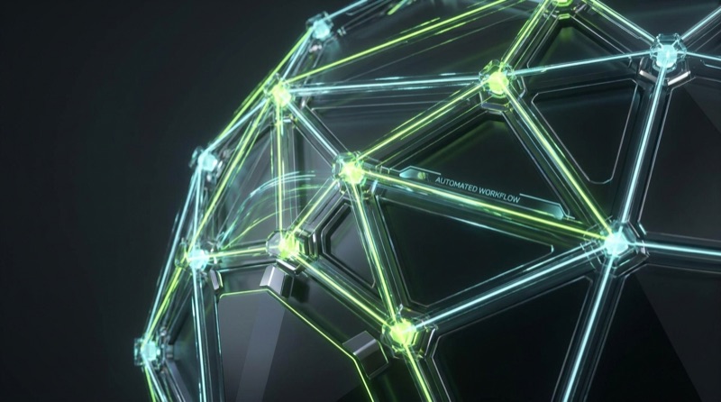 Connected glowing nodes forming an automated workflow